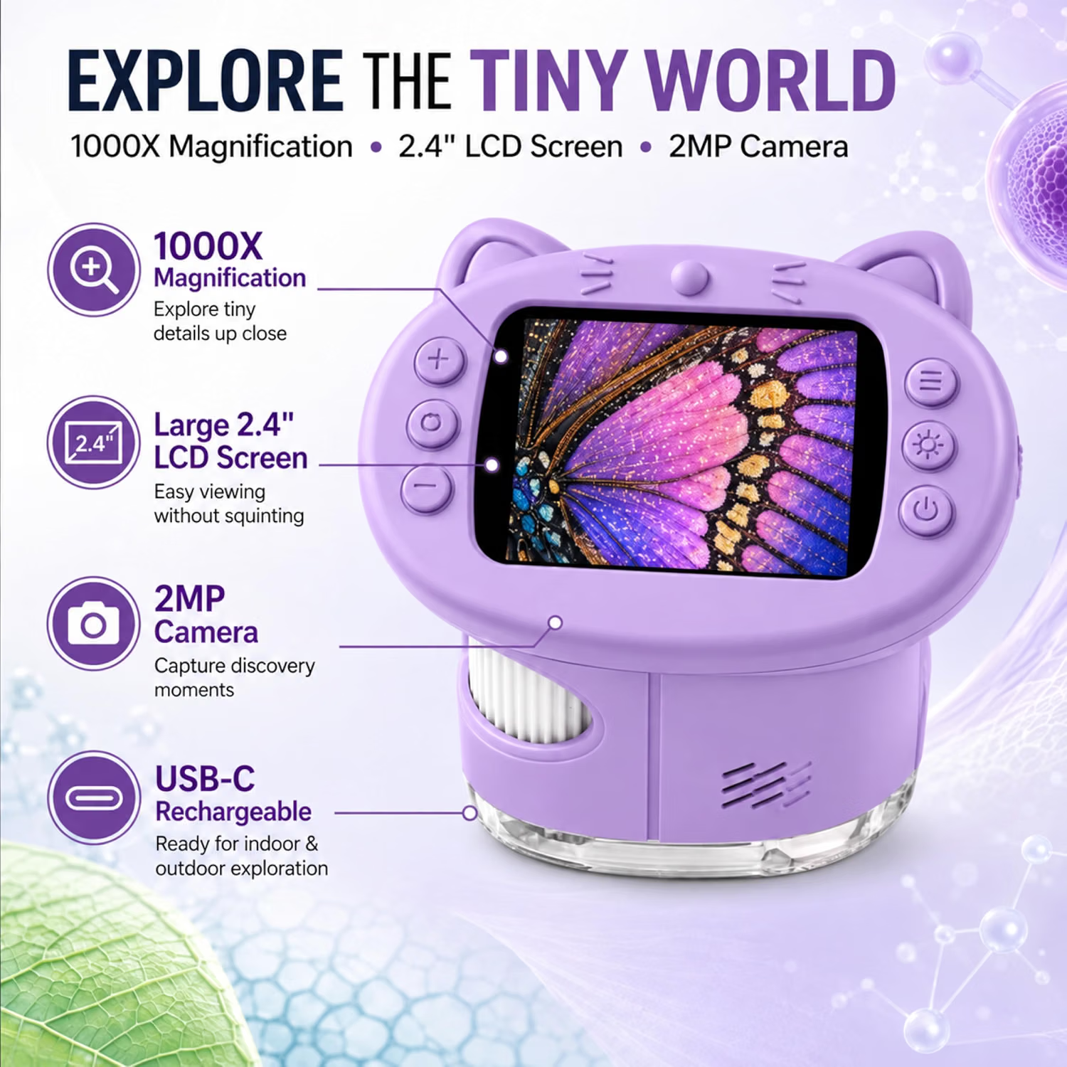 Microscope features: 1000X zoom, 2.4 inch screen, 2MP camera, USB-C