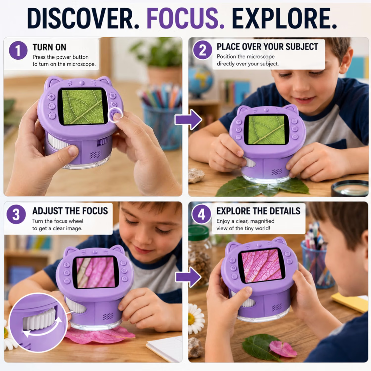 How to use: turn on, place over subject, adjust focus, explore