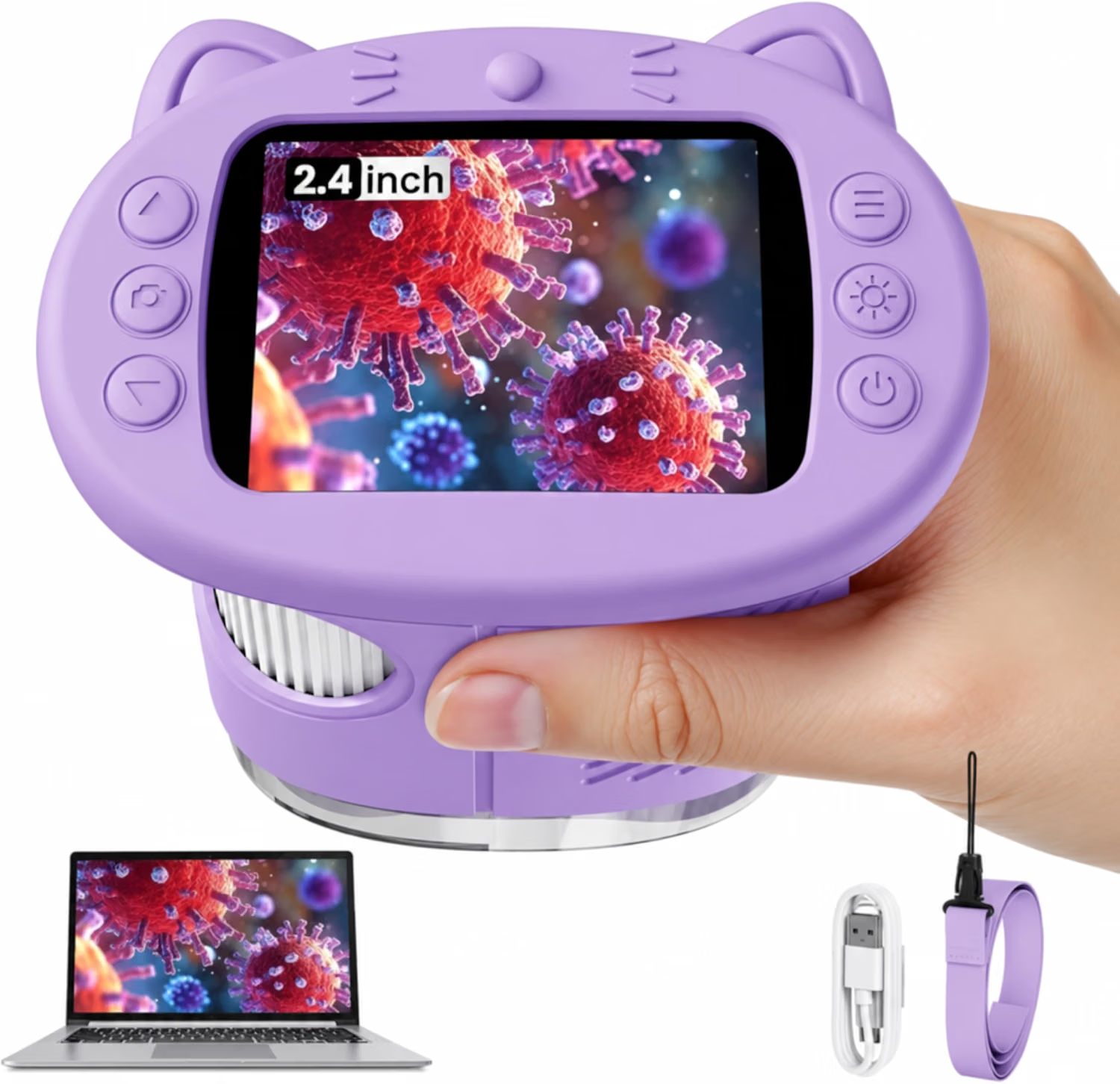 Purple handheld kids digital microscope held in a hand