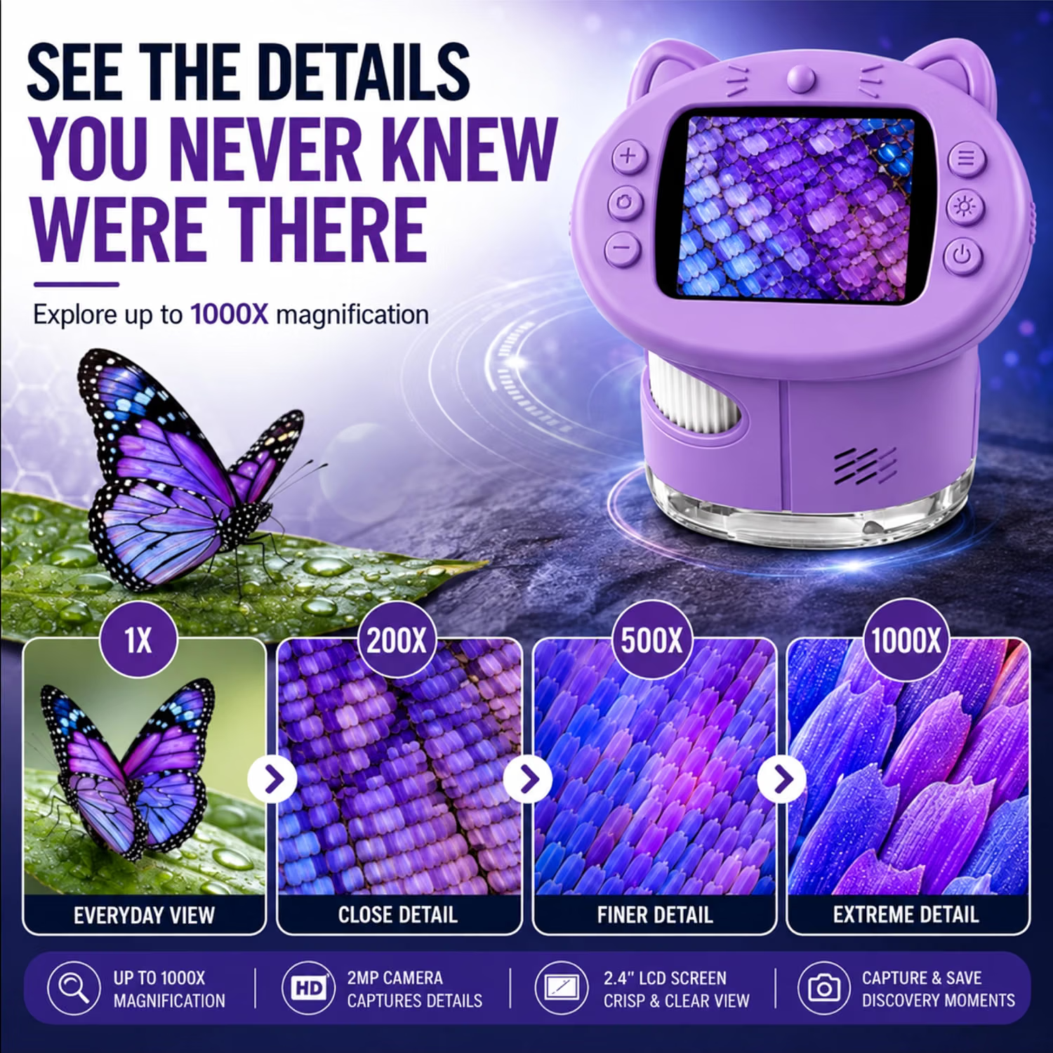 Magnification comparison from 1X to 1000X